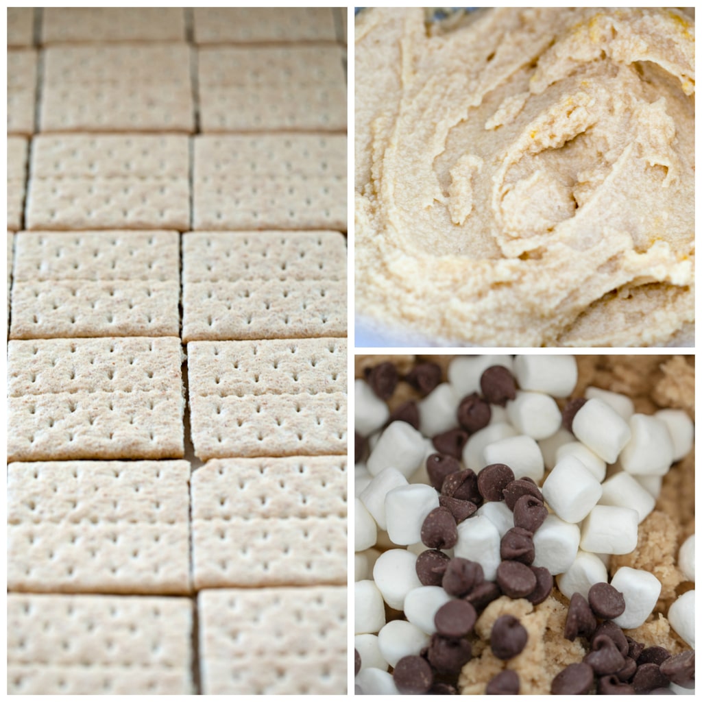 Collage showing baking sheet lined with graham cracker squares, cookie dough, and cookie dough with chocolate chips and marshmallows