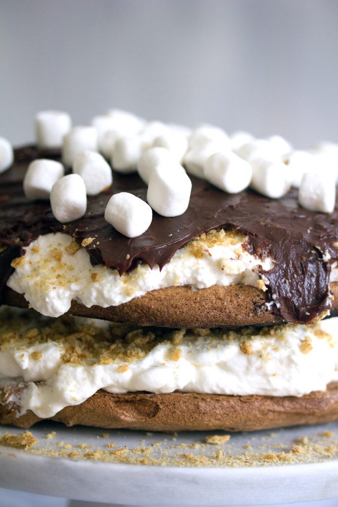 Close-up head-on view of s'mores pavlova cake with marshmallow whipped cream, chocolate ganache, mini marshmallows, and crushed graham crackers