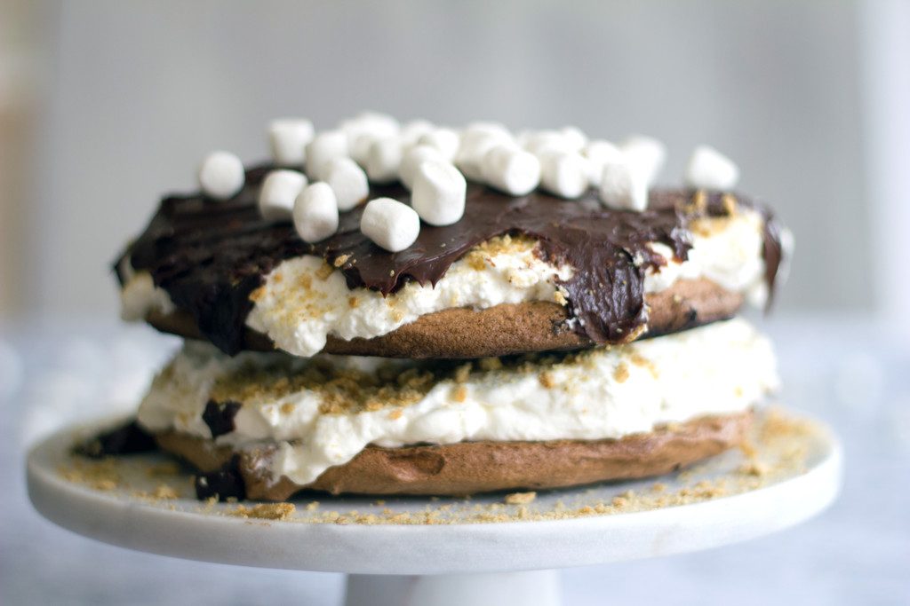 Head-on landscape view of s'mores pavlova cake on a pedestal with marshmallow whipped cream, chocolate ganache, mini marshmallows, and crushed graham crackers