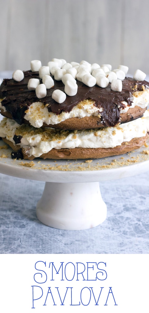 S'mores Pavlova -- All the classic components of s'mores come together to form a decadent multi-layer pavlova. This S'mores Pavlova tastes just like a cake and is incredibly easy to put together. No campfire required | wearenotmartha.com #smores #pavlova #cakes