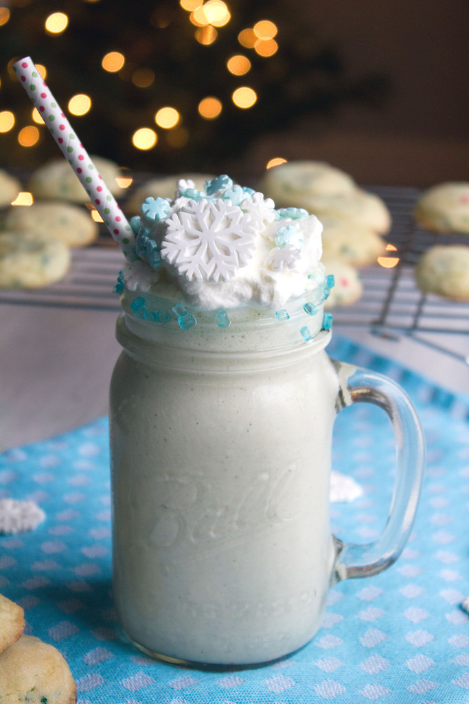 Snow Day Sugar Cookie Milkshake -- When it's cold and snowy outside, turn up the heat and snuggle up on your couch with this Snow Day Sugar Cookie Milkshake. Even when the holidays are over, your winter celebrations don't have to be! | wearenotmartha.com