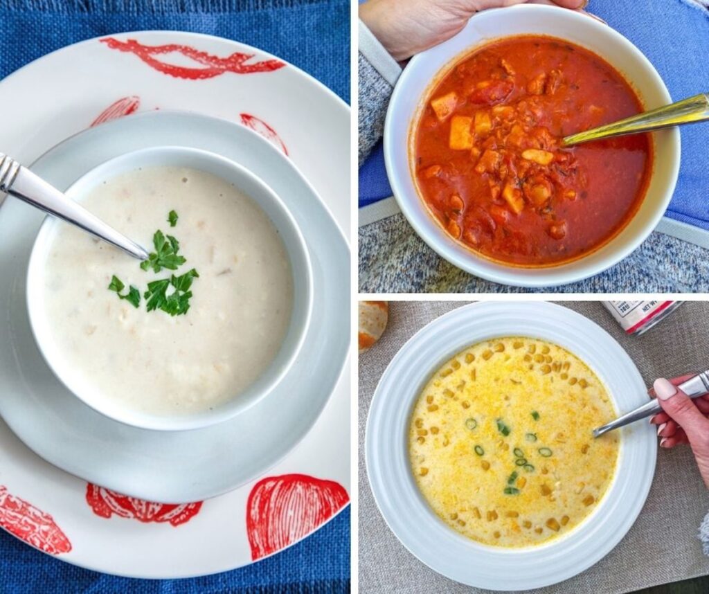 Collage featuring various clam chowders in bowls