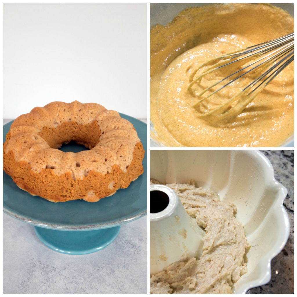 Collage showing pumpkin batter being whisked in bowl, cake batter being layered in bundt pan, and bundt cake on cake stand