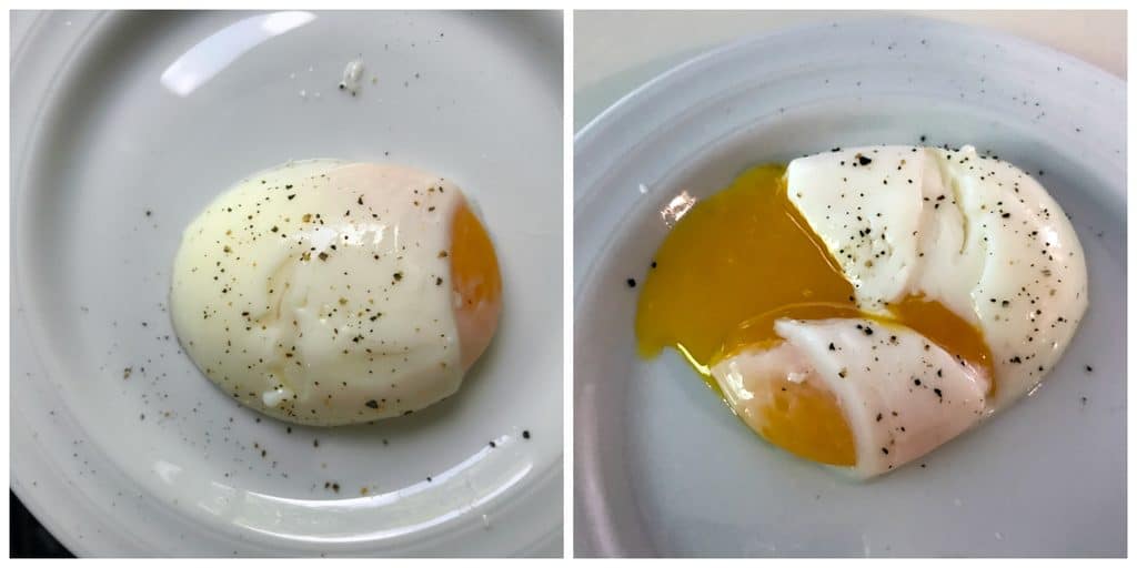 Photo of sous vide egg on a white plate next to another photo of the egg with yolk running out