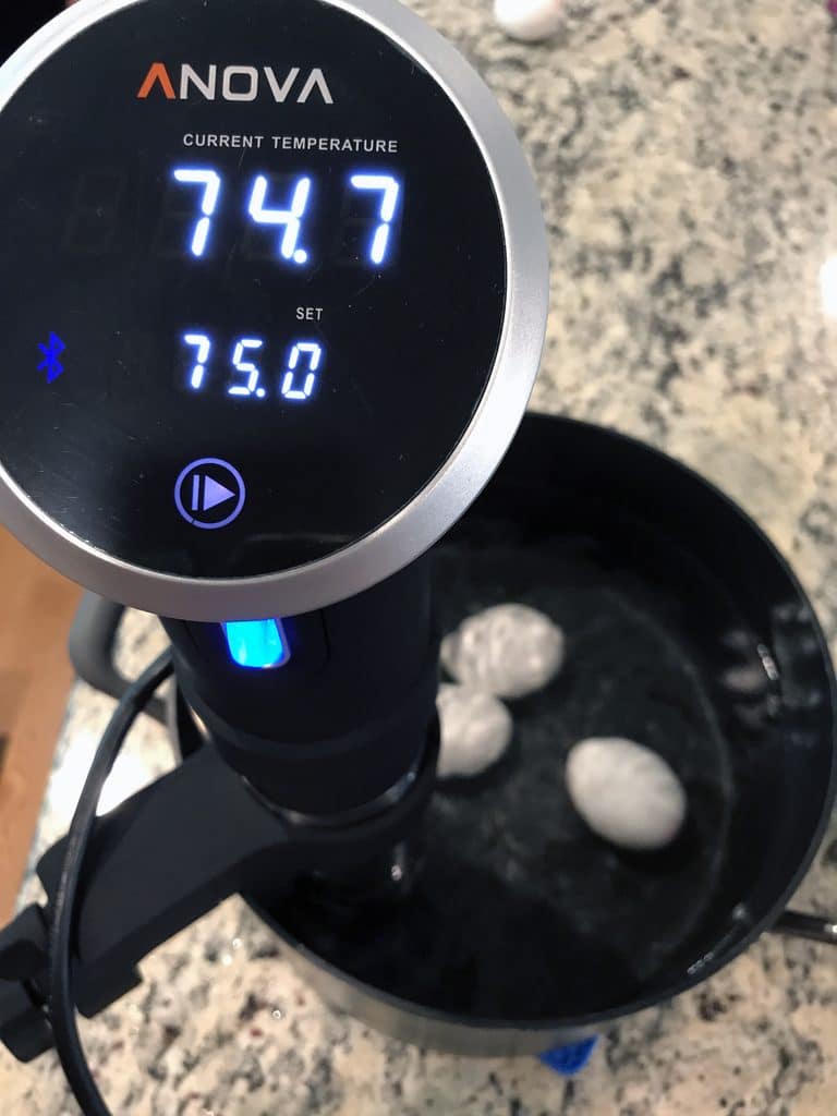 Overhead view of Anova sous vide cooker in pot with water and eggs