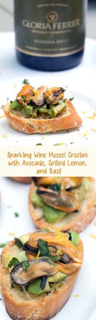 Sparkling Wine Mussel Crostini with Avocado, Grilled Lemon, and Basil -- The perfect party appetizer #GloriousBites | wearenotmartha.com