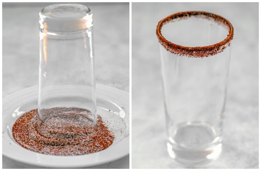 Collage showing process for rimming cocktail glasses in chili, sugar, and salt mixture, including glass upside on plate with spice mix and glass standing showing rim