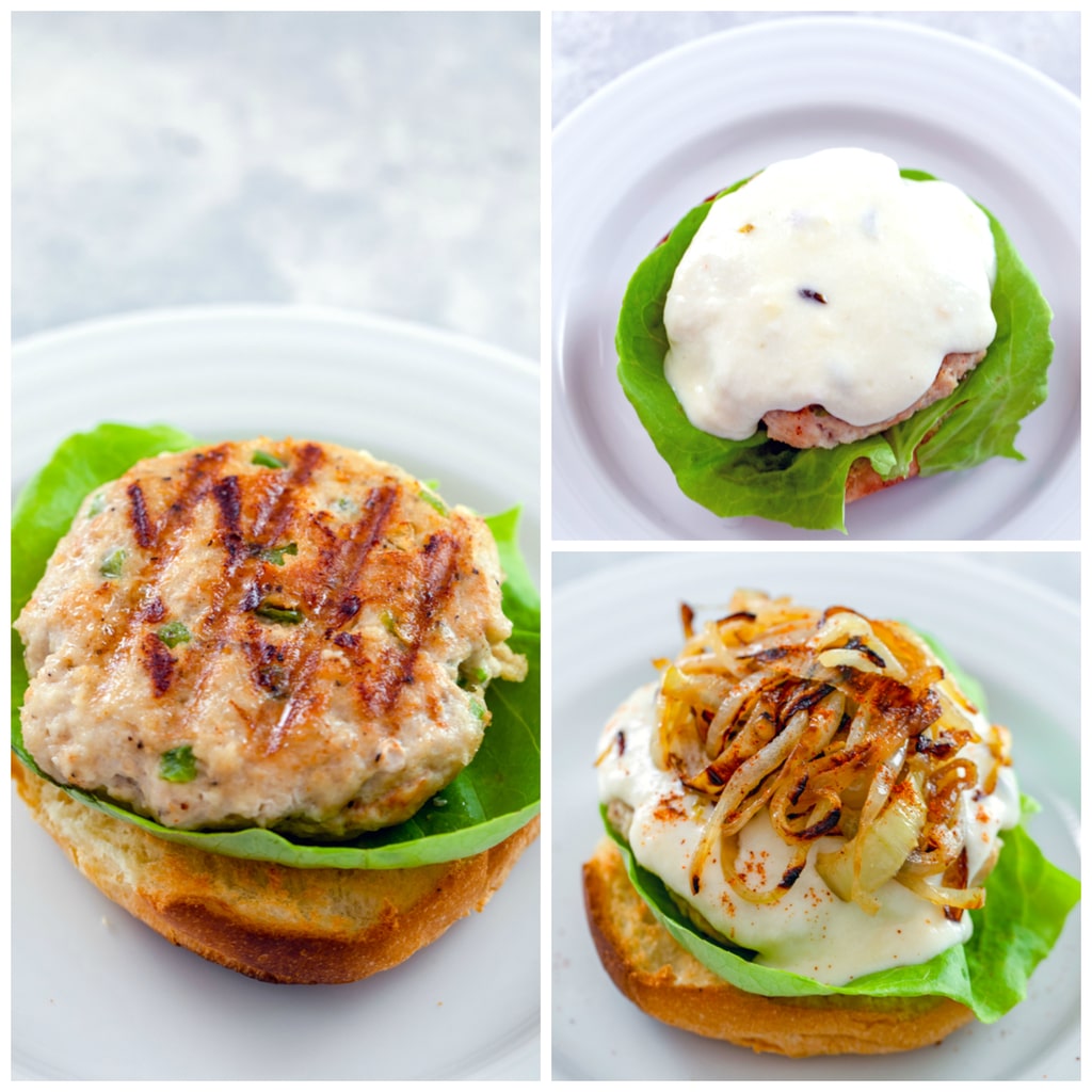 Collage showing process for assembling spicy cheesy chicken burgers, including chicken burger on piece of lettuce on brioche bun, chicken burger topped with cheese sauce, and chicken burger topped with caramelized onions