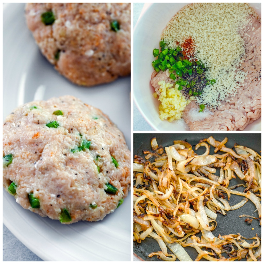 Collage showing process for making spicy cheesy chicken burgers, including chicken burger ingredients in mixing bowl, chicken burger patties formed, and caramelized onions cooking in skillet