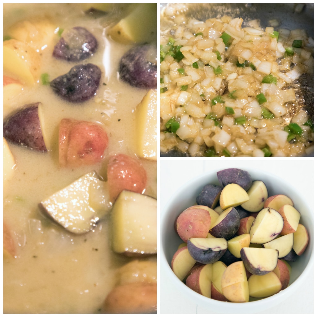 Collage showing process for making spicy clam chowder with corn, including chopped potatoes in a bowl, onion and jalapeños cooking in bacon fat, and New England clam chowder simmering in pot