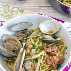 Spicy Lime Linguine with Clams and Sausage -- A spicy take on a traditional shellfish and pasta dish | wearenotmartha.com