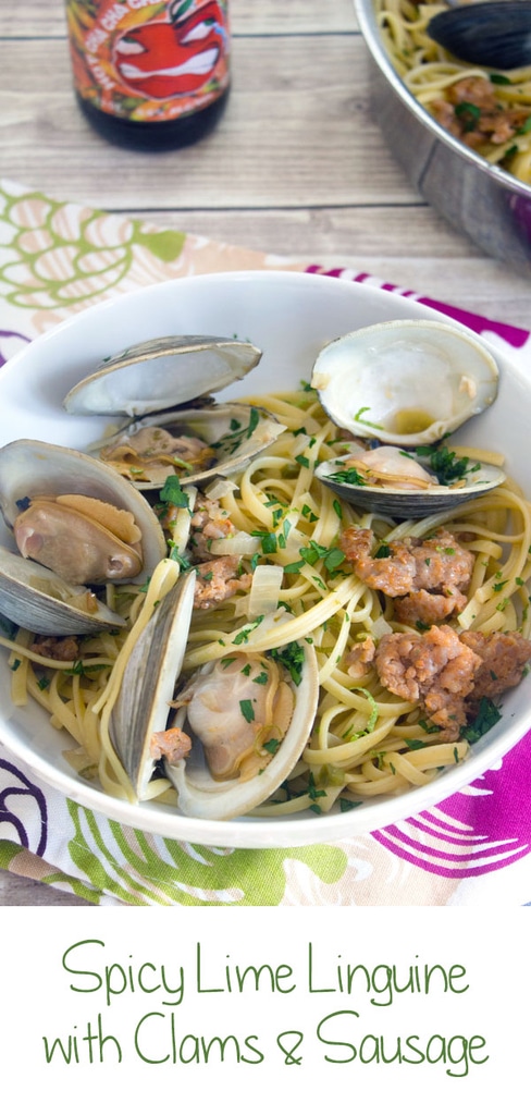 Spicy Lime Linguine with Clams and Sausage -- Linguine with Clams and a spicy twist... The secret ingredients in this meal favorite are spicy sausage, lime juice, and a hot pepper hard cider | wearenotmartha.com #linguineandclams #spicy #cider #clams