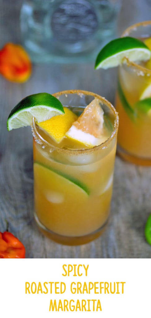 Spicy Roasted Grapefruit Margarita -- This Spicy Roasted Grapefruit Margarita consists of grapefruit that's been broiled and tequila that's been infused with habanero and is the most delicious margarita you'll ever try | wearenotmartha.com #margaritas #tequila #spicy #habanero #grapefruit