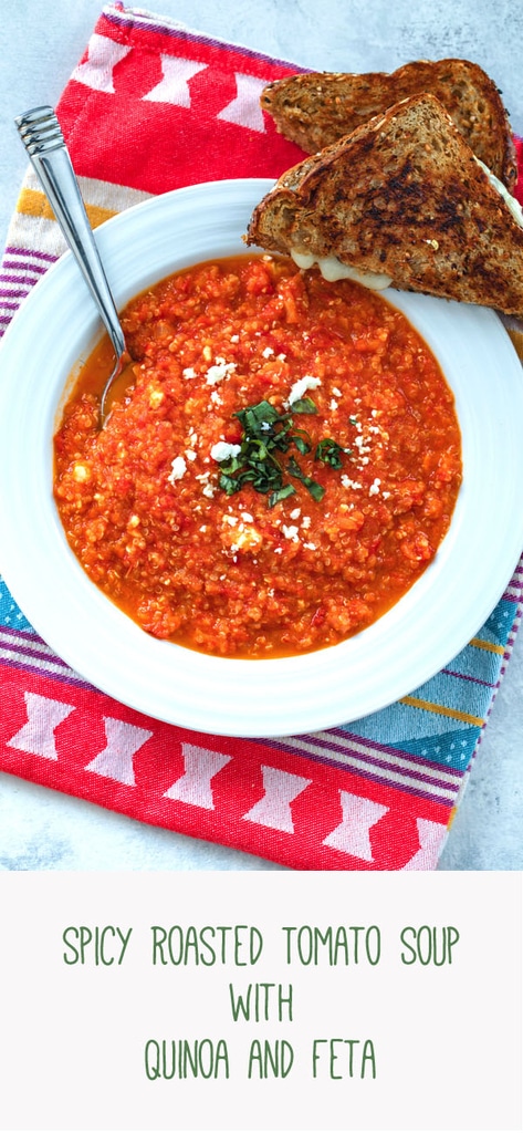 Spicy Roasted Tomato Soup with Quinoa and Feta -- This spicy tomato soup was inspired by Panera's tomato soup, but is taken to a new level with a little bit of spiciness, satisfying protein from quinoa, and extra delicious flavor from feta cheese | wearenotmartha.com #tomatosoup #spicy #quinoa #feta