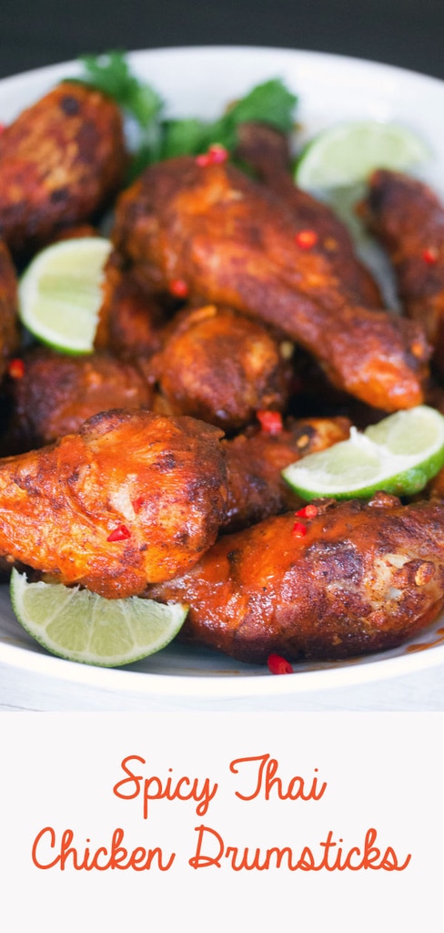 Spicy Thai Drumsticks -- Whether you're looking for a meal or a party appetizer, these Spicy Thai Chicken Drumsticks will satisfy your craving. A little bit of spice and a little bit of citrus helps balance out these drumsticks, making them a surefire crowd pleaser | wearenotmartha.com #drumsticks #chicken #thai #spicy