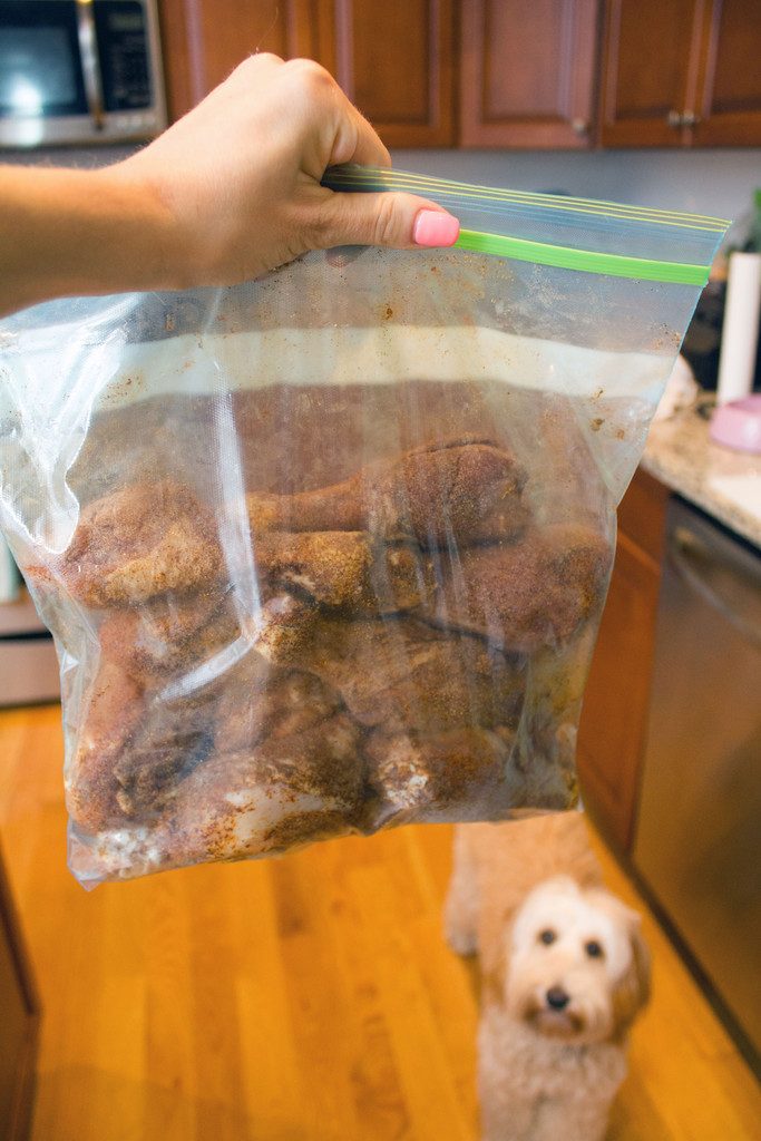 A ziplock bag filled with chicken drumsticks marinating in Thai spices being held up with Winnie the labradoodle watching