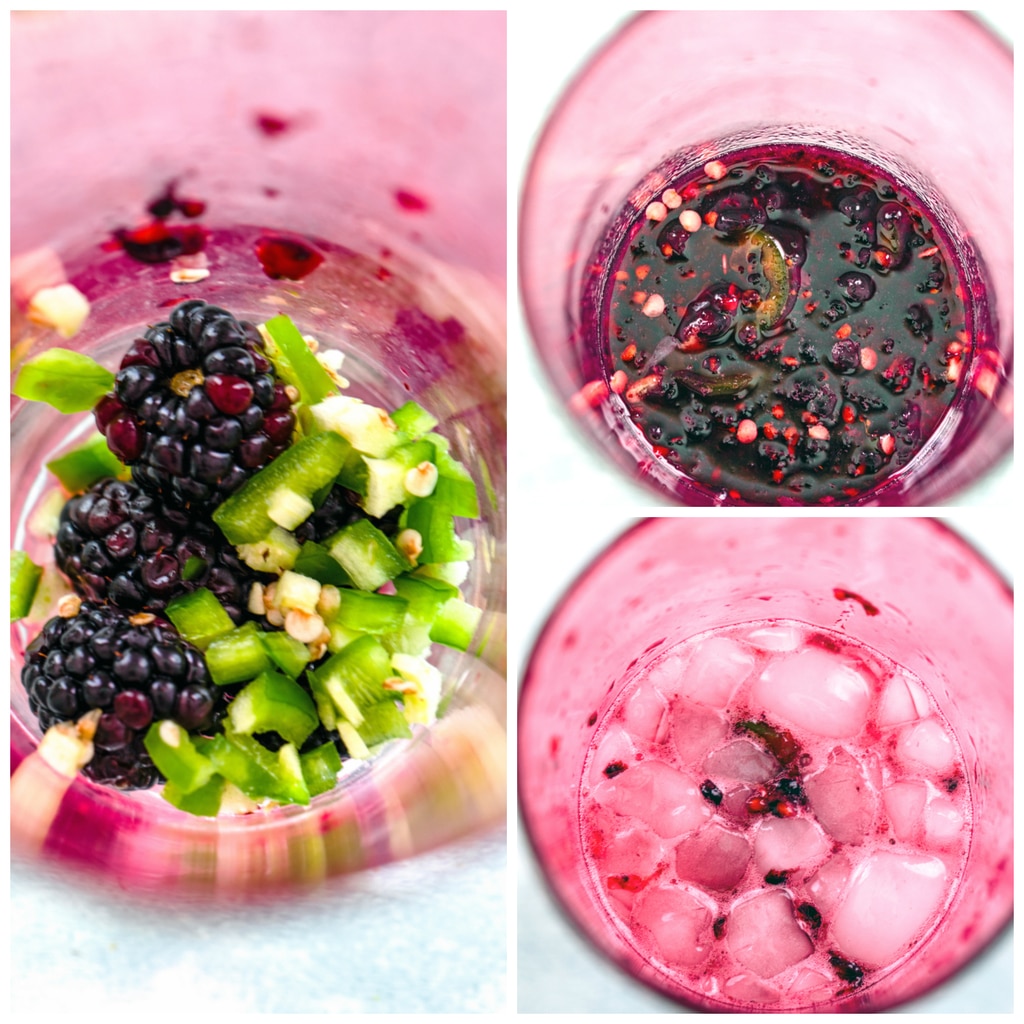 Collage showing process for making spicy vodka blackberry smash cocktail, including blackberries and diced jalapeño in a shaker, blackberries and jalapeños smashed in shaker, and vodka, lime juice, simple syrup, and ice added to shaker