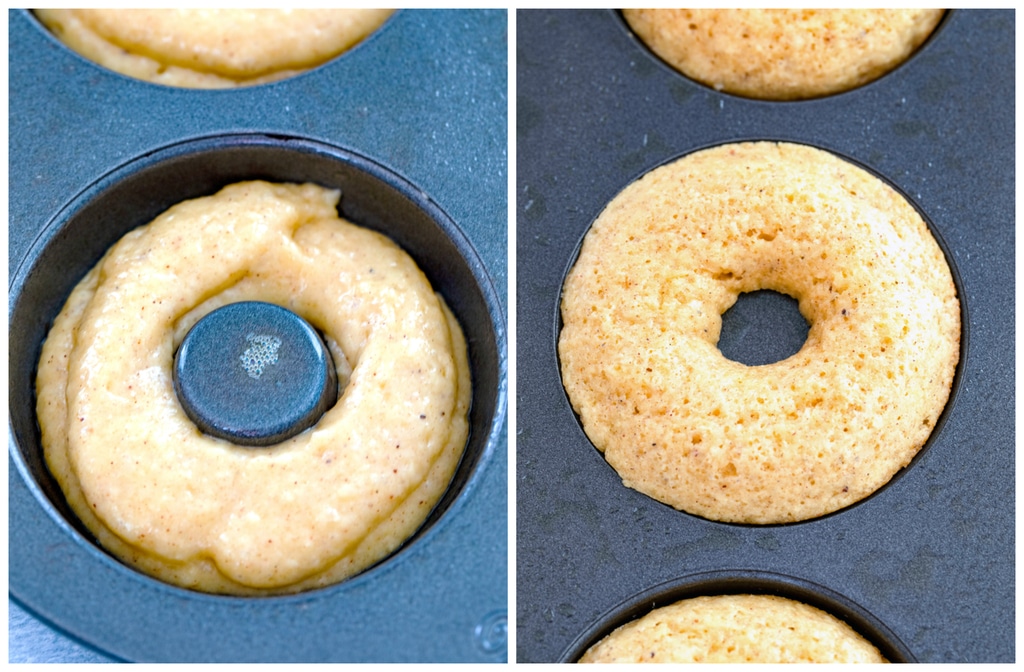 One photo showing batter in doughnut pan and one picture showing doughnuts just out of the oven still in pan