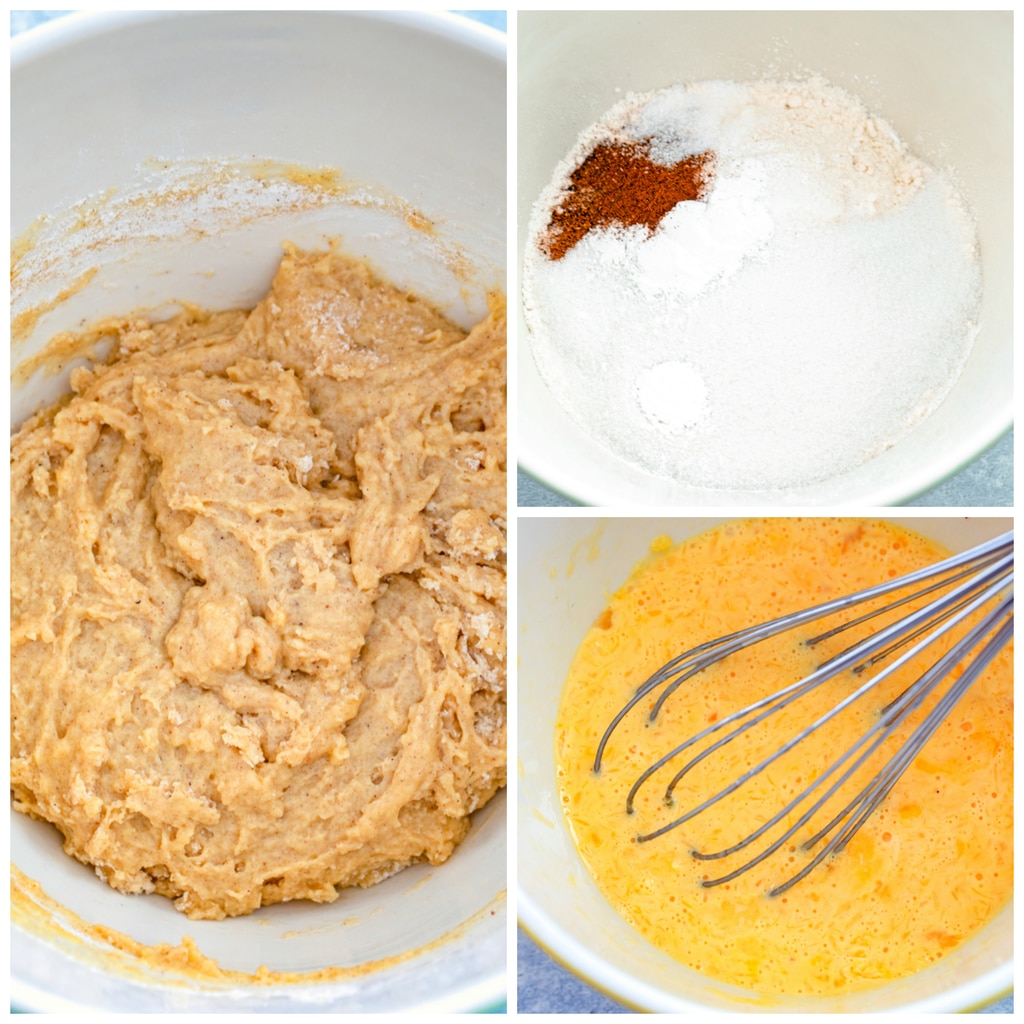 Collage showing dry ingredients in a bowl, wet ingredients being whisked together, and batter in a bowl