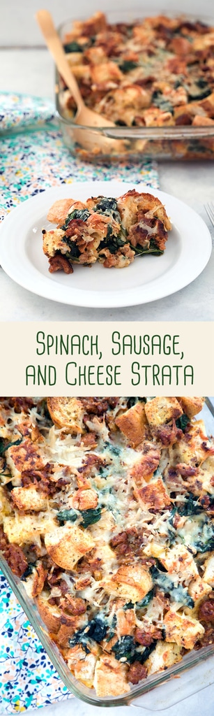 Spinach, Sausage, and Cheese Strata -- Looking for a make-ahead dish you can serve at a brunch party? This Spinach, Sausage, and Cheese Strata can be prepped the day before so all you have to do in the morning is pop it in the oven | wearenotmartha.com #strata #sausage #brunch #makeahead