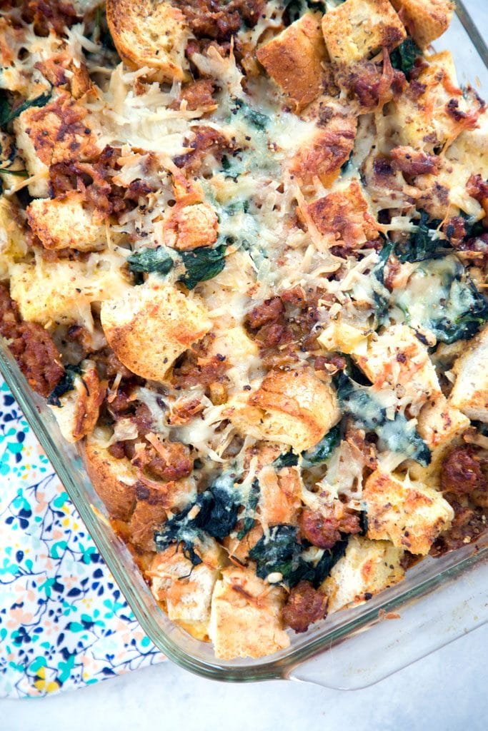 Spinach, Sausage, and Cheese Strata -- Looking for a make-ahead dish you can serve at a brunch party? This Spinach, Sausage, and Cheese Strata can be prepped the day before so all you have to do in the morning is pop it in the oven | wearenotmartha.com