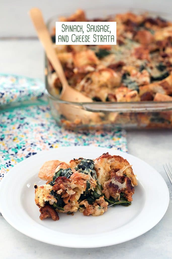 Spinach, Sausage, and Cheese Strata -- Looking for a make-ahead dish you can serve at a brunch party? This Spinach, Sausage, and Cheese Strata can be prepped the day before so all you have to do in the morning is pop it in the oven | wearenotmartha.com