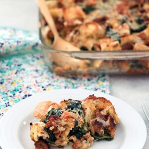 Spinach, Sausage, and Cheese Strata -- Looking for a make-ahead dish you can serve at a brunch party? This Spinach, Sausage, and Cheese Strata can be prepped the day before so all you have to do in the morning is pop it in the oven | wearenotmartha.com