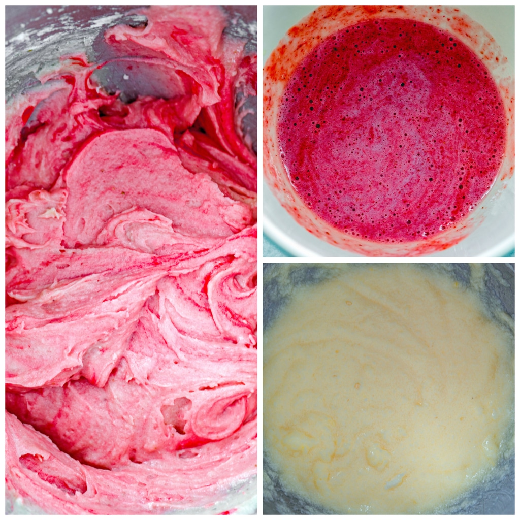 Collage showing process for making cupcakes, including butter and sugar creamed together, strawberry puree in a bowl, and batter mixed together and colored pink