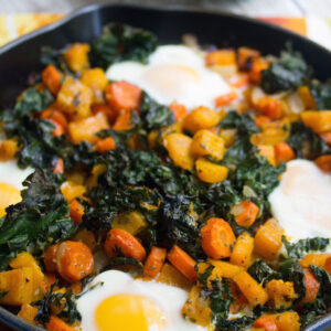 Squash Hash with Kale and Eggs -- A meatless hash loaded with healthy and flavorful vegetables | wearenotmartha.com