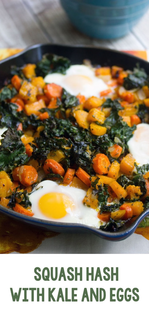 Squash Hash with Kale and Eggs -- Think a meatless hash sounds like no fun? Think again! This Squash Hash with Kale and Eggs will have you loving every minute of fall, especially at breakfast time | wearenotmartha.com #healthybreakfasts #breakfast #hash #healthy #squash #eggs