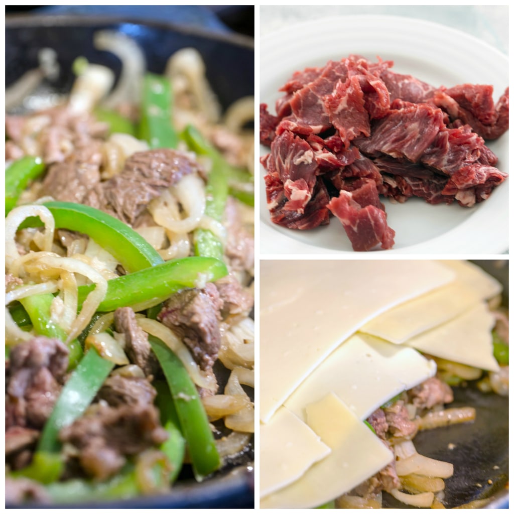Collage showing the making of a steak and cheese, including peppers, onions, and steak cooking, thinly sliced steak on a white plate, and cheese layered over ingredients in pan