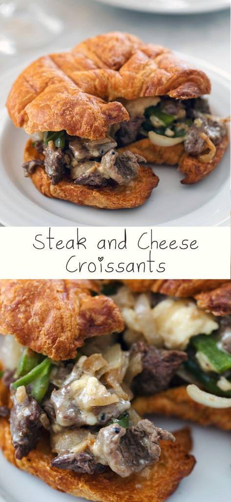 Steak and Cheese Croissants -- There are a few important components necessary for the perfect steak and cheese sandwich. These hit all the marks and make for the ultimate lunch or dinner | wearenotmartha.com #steak #steakandcheese #croissants