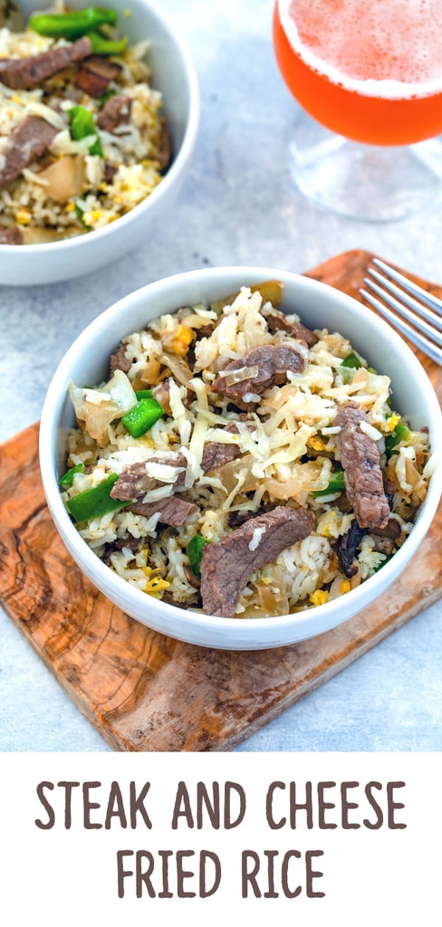 Steak and Cheese Fried Rice -- This Steak and Cheese Fried Rice is a 30-minute meal perfect for serving on a busy weeknight. Made with ribeye, peppers, onions, and mushrooms, the dish is packed with flavor and is the ultimate anytime comfort food | wearenotmartha.com #steak #steakandcheese #friedrice #rice