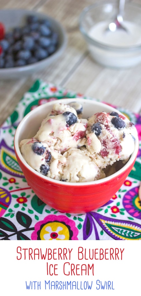 Strawberry Blueberry Ice Cream with Marshmallow Swirl -- If summer has you craving fresh strawberry ice cream, you'll absolutely love this Strawberry Blueberry Ice Cream with Marshmallow Swirl. Make it with coconut milk or regular milk, depending on your hankering | wearenotmartha.com #icecream #strawberryicecream #marshmallow