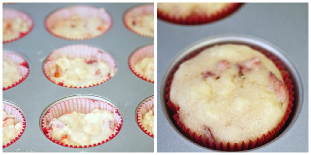 Collage showing process for baking strawberry cupcakes, including batter in cupcake tin papers and cupcakes in tin right out of the oven