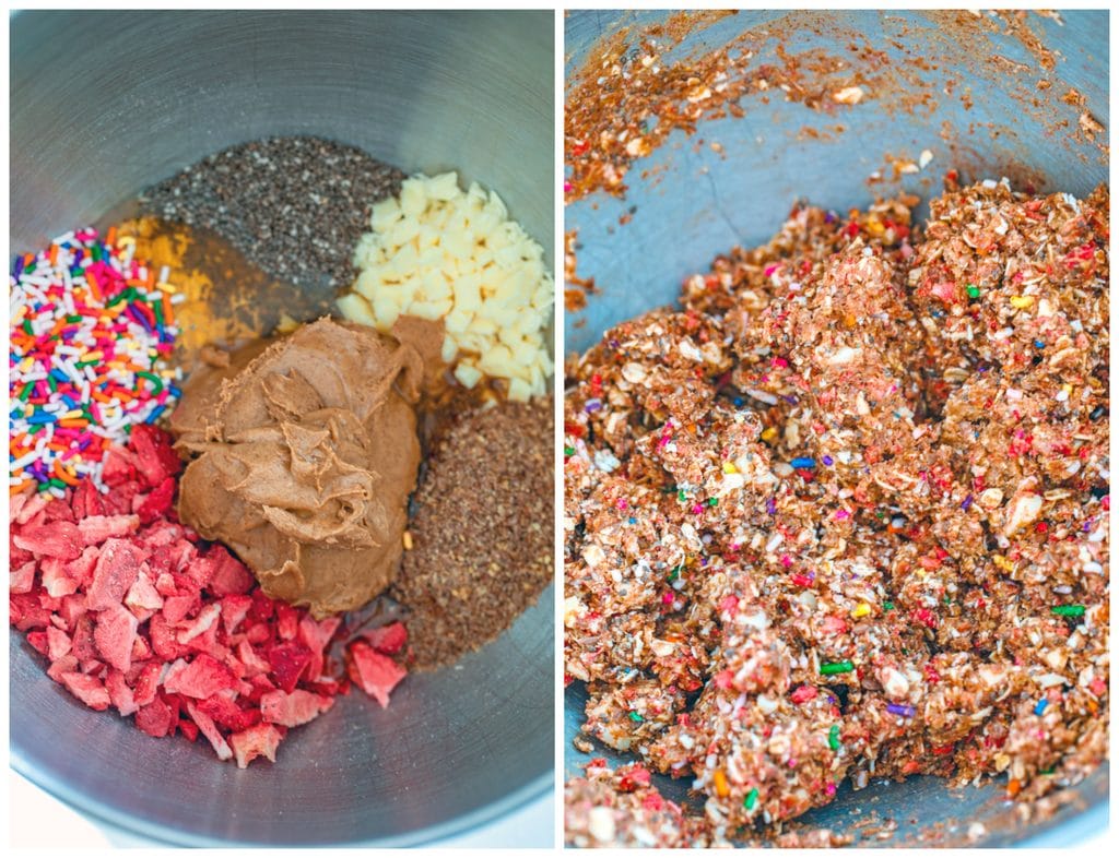 Collage showing process for making strawberry funfetti energy bites, including almond butter, sprinkles, dried strawberries, white chocolate, flax, oats, chia seeds, and honey in mixing bowl and all ingredients mixed together in bowl