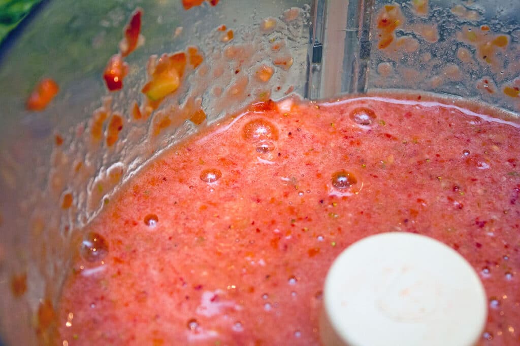 Strawberry puree in food processor bowl