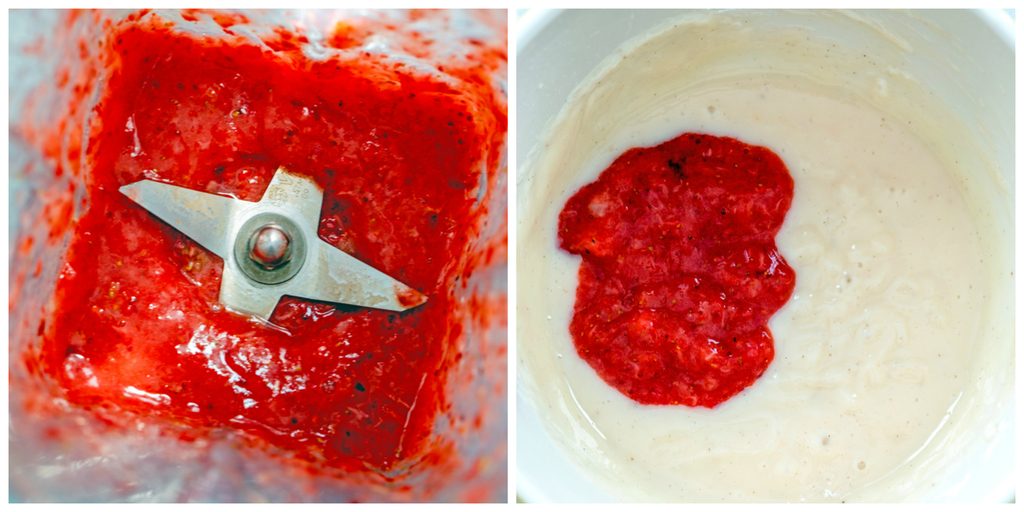 Collage showing process for making strawberry icing, including strawberries pureed in blender and strawberry puree in mixing bowl with yogurt and confectioners' sugar