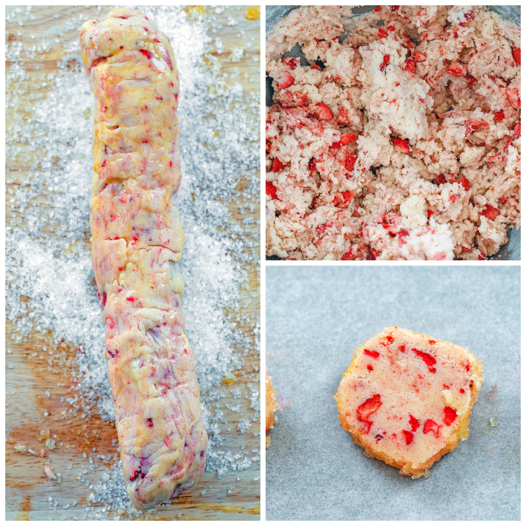 Collage showing process for making strawberry shortbread cookies, including batter with freeze-dried strawberries in bowl, cookie dough rolled into a log and being coated in coarse sugar, and cookie sliced on baking sheet ready to go into oven