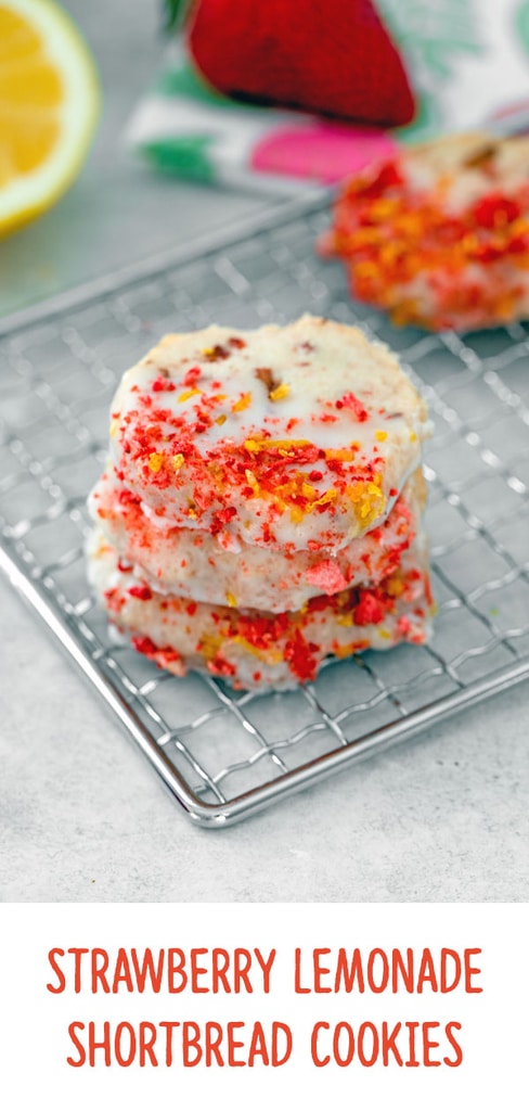 Strawberry Lemonade Shortbread Cookies -- These Strawberry Lemonade Shortbread Cookies are like little bursts of sunshine and are the ultimate summer cookies. Plus, they're incredibly easy to make | wearenotmartha.com