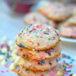 Strawberry Milk Cookies with White Chocolate Chips -- What's better than drinking fresh strawberry milk? These Strawberry Milk Cookies with white chocolate chips! With sweet strawberry milk and lots of rainbow sprinkles, they're perfect for a party or anytime celebration | wearenotmartha.com