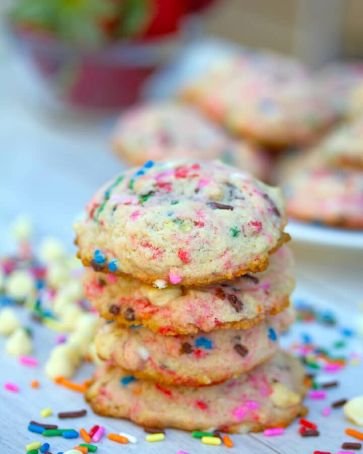 Strawberry Milk Cookies with White Chocolate Chips -- What's better than drinking fresh strawberry milk? These Strawberry Milk Cookies with white chocolate chips! With sweet strawberry milk and lots of rainbow sprinkles, they're perfect for a party or anytime celebration | wearenotmartha.com