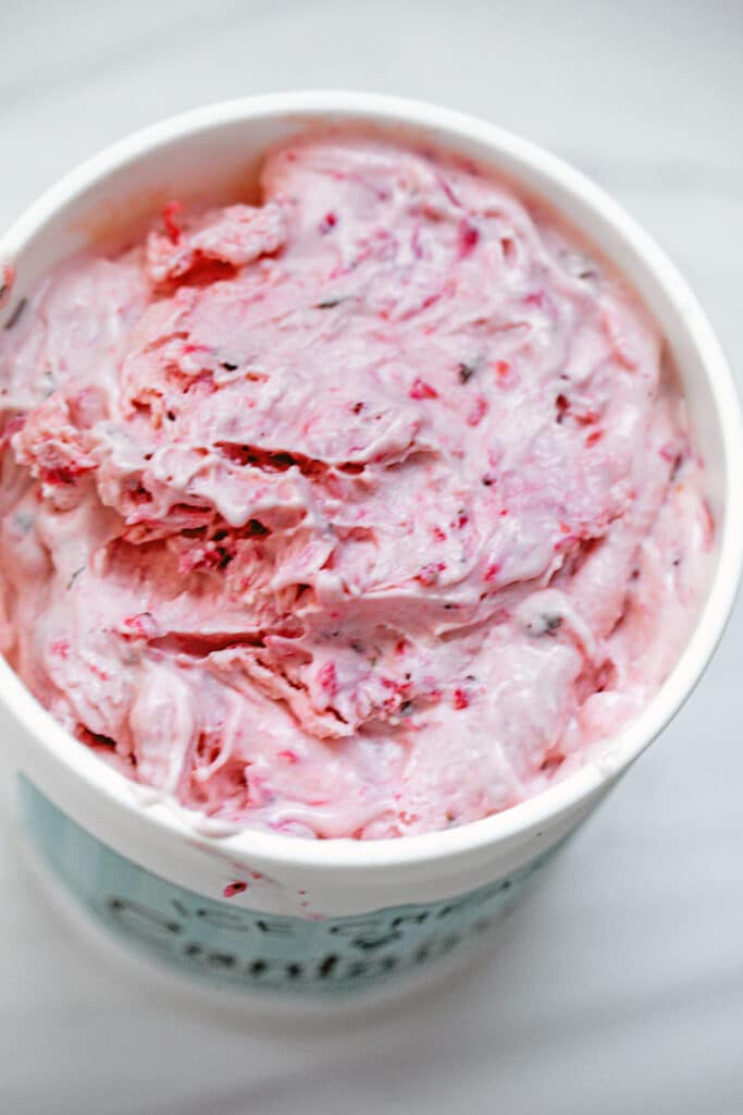 Strawberry mint ice cream still a little soft in quart-size container