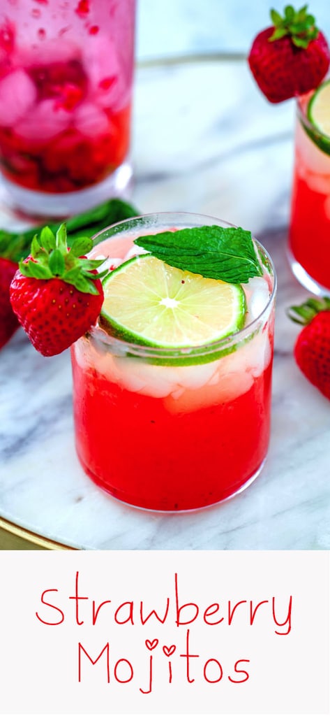 Strawberry Mojitos -- These Strawberry Mojitos are made with fresh strawberries, mint, rum, simple syrup, and lime juice and are the only cocktail you'll need this summer | wearenotmartha.com #cocktails #mojitos #strawberries #summer