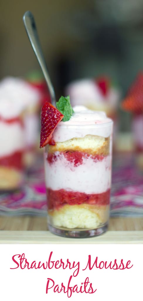 Strawberry Mousse Parfaits -- These Strawberry Parfaits are deliciously adorable mini desserts perfect for serving to a crowd | wearenotmartha.com #strawberries #mousse #parfaits #minidesserts