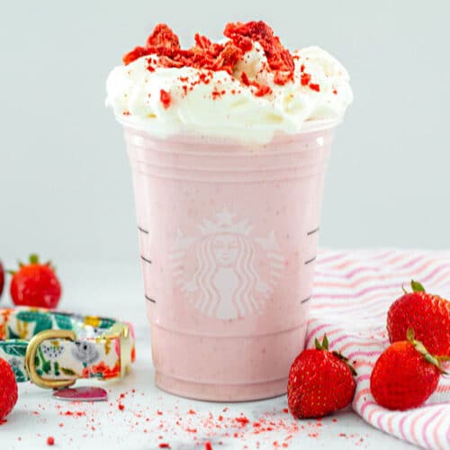 Head-on closeup view of a strawberry Puppuccino with fresh strawberries all around and crushed freeze-dried strawberries on top