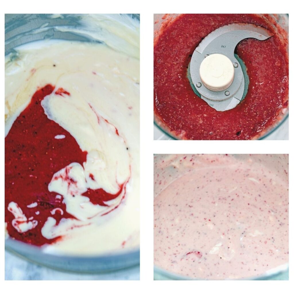 Collage featuring strawberry cheesecake batter, including food processor with strawberry puree, mixing bowl with strawberry puree being stirred into cheesecake mixture, and mixing bowl with pink cheesecake batter blended together