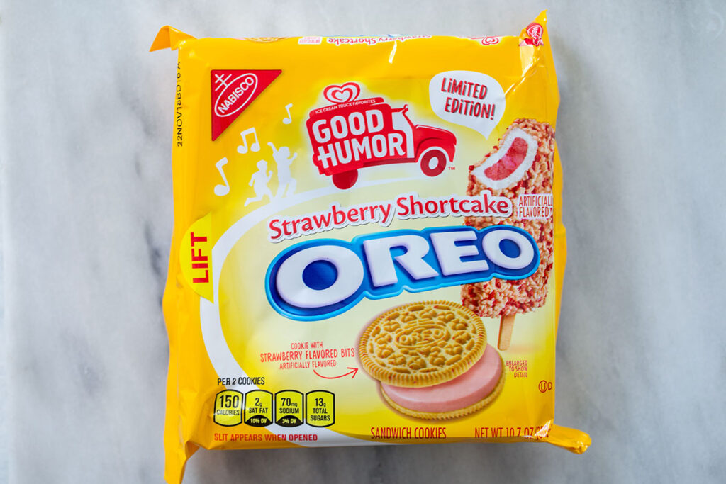 Overhead view of package of Strawberry Shortcake Oreo Cookies