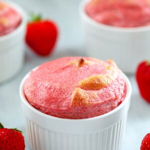 Strawberry Souffle -- Think souffles are difficult to make? Think again! These individual strawberry souffles are made with only 4 ingredients and are ready in just 30 minutes. They make for a delightfully light summer dessert recipe perfect for entertaining