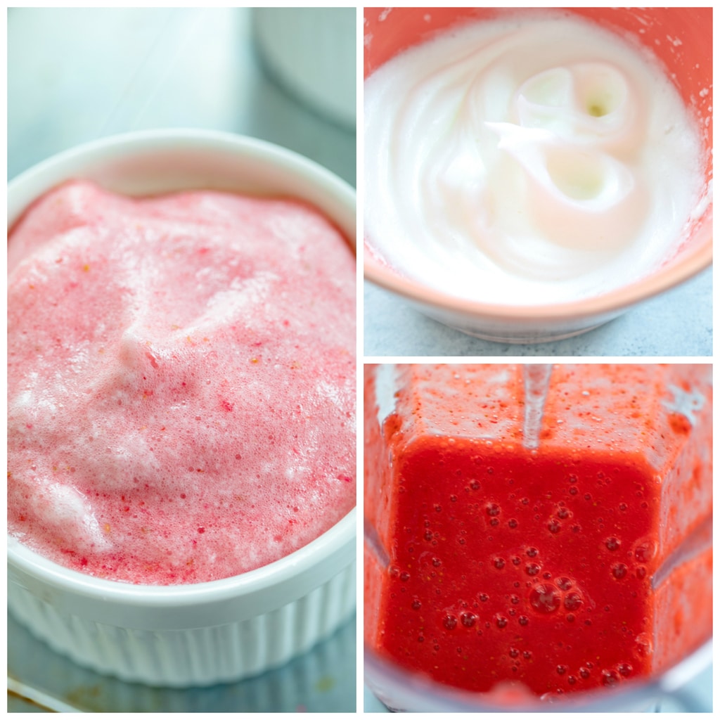 Collage showing process for making souffles, including strawberries pureed in blender, egg whites beaten to medium peaks, and strawberry egg white mixture in a ramekin before baking